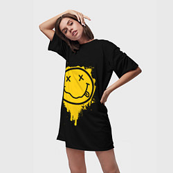 Футболка женская длинная NIRVANA LOGO SMILE, БРЫЗГИ КРАСОК, цвет: 3D-принт — фото 2