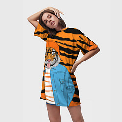 Футболка женская длинная Тигр фурри на стиле, цвет: 3D-принт — фото 2