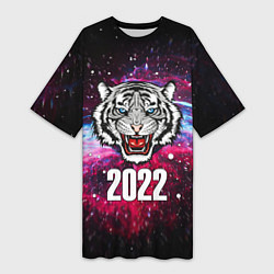 Футболка женская длинная ЧЁРНЫЙ ТИГР НОВЫЙ ГОД 2022 GRAY TIGER NEW YEAR, цвет: 3D-принт