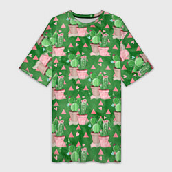 Женская длинная футболка Кактусы в горшках green