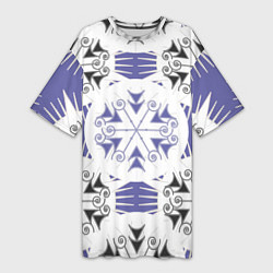 Женская длинная футболка Острый белые снежинки на сиреневом фоне