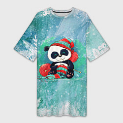 Футболка женская длинная Панда вяжет, цвет: 3D-принт