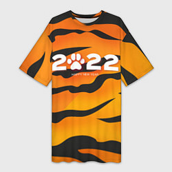 Футболка женская длинная Новогодний тигр Новый год 2022, цвет: 3D-принт