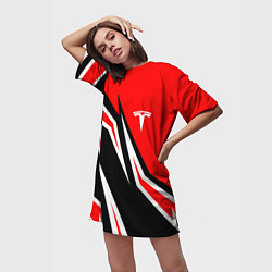 Футболка женская длинная TESLA MOTORS RED LINE ТЕСЛА, цвет: 3D-принт — фото 2