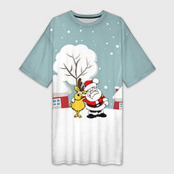 Женская длинная футболка Деревенский Новый Год Дед Мороз и Олень