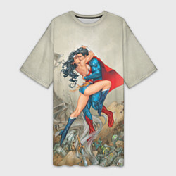 Футболка женская длинная The Kiss of Superman and Wonder Woman, цвет: 3D-принт