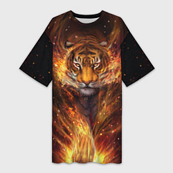 Футболка женская длинная Огненный тигр Сила огня, цвет: 3D-принт