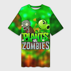 Футболка женская длинная Plants vs Zombies горохострел и зомби, цвет: 3D-принт