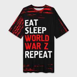 Футболка женская длинная Eat Sleep World War Z Repeat - Краска, цвет: 3D-принт