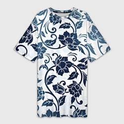 Футболка женская длинная Гжелевые цветы, цвет: 3D-принт