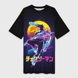 Женская длинная футболка CHAINSAW MAN on the background of the moon