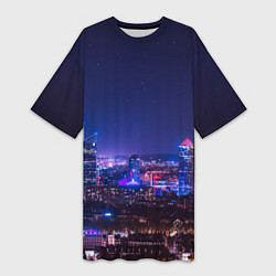 Футболка женская длинная Неоновый ночной город - Фиолетовый, цвет: 3D-принт