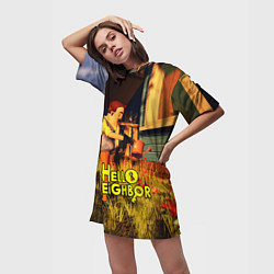 Футболка женская длинная Hello Neighbor Привет сосед Сосед поливает, цвет: 3D-принт — фото 2