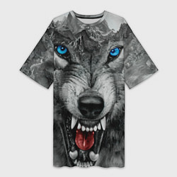 Футболка женская длинная Агрессивный волк с синими глазами, цвет: 3D-принт