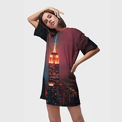Футболка женская длинная Неоновая ночная башня в городе, цвет: 3D-принт — фото 2