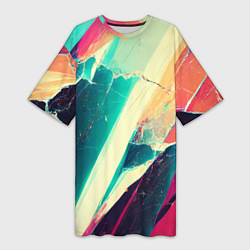 Футболка женская длинная Разбитый экран, неоновые осколки, цвет: 3D-принт