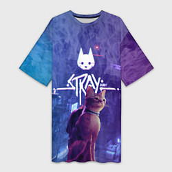 Футболка женская длинная Stray - kot - neon, цвет: 3D-принт