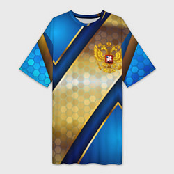 Футболка женская длинная Золотой герб России на синем объемном фоне, цвет: 3D-принт