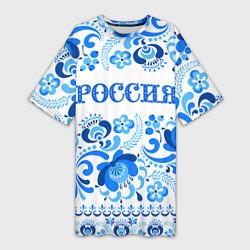 Футболка женская длинная РОССИЯ голубой узор, цвет: 3D-принт