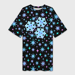 Футболка женская длинная Снежинки в ночном небе с цветными звездами, цвет: 3D-принт