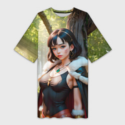 Футболка женская длинная Нейросеть - аниме девушка в лесу, цвет: 3D-принт