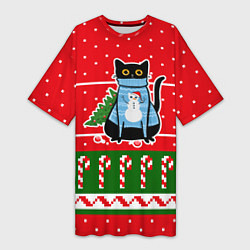 Футболка женская длинная Котик в синем свитере с ёлочкой, цвет: 3D-принт