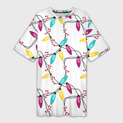 Футболка женская длинная Новогодняя гирлянда белая, цвет: 3D-принт