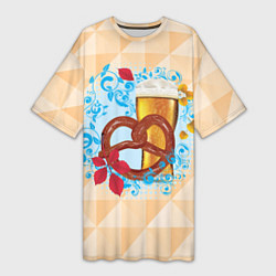 Женская длинная футболка Брецель с пивом и красными листьями