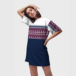 Футболка женская длинная Скандинавский орнамент на синем, бордовом фоне, цвет: 3D-принт — фото 2