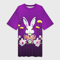 Футболка женская длинная Кролик с одуванчиками, цвет: 3D-принт