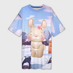 Футболка женская длинная Зайка зима, цвет: 3D-принт