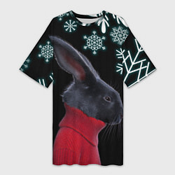 Футболка женская длинная Зимний кролик в свитере, цвет: 3D-принт
