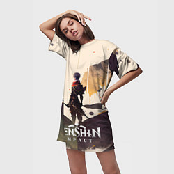 Футболка женская длинная Геншин Импакт, рисунок маслом, цвет: 3D-принт — фото 2