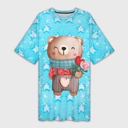 Футболка женская длинная Мишка с розой, цвет: 3D-принт