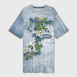 Футболка женская длинная Синицы на ветке, цвет: 3D-принт