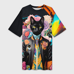 Футболка женская длинная Модный чёрный кот - нейросеть - мода, цвет: 3D-принт