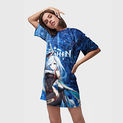 Футболка женская длинная Шэнь Хэ на фоне расколотого льда, цвет: 3D-принт — фото 2