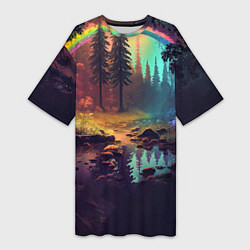 Футболка женская длинная Неоновый лес с радугой, цвет: 3D-принт