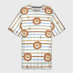 Футболка женская длинная Лев и якори: полосы - паттерн, цвет: 3D-принт