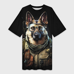 Футболка женская длинная Немецкая овчарка в военной форме, цвет: 3D-принт