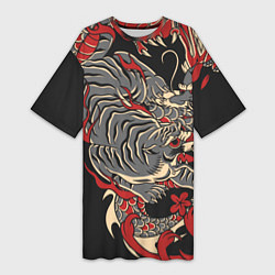Футболка женская длинная Борьба тигра с драконом, цвет: 3D-принт