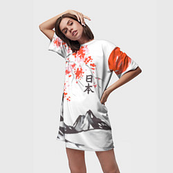 Футболка женская длинная Цветущая сакура и солнце - Япония, цвет: 3D-принт — фото 2
