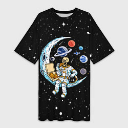 Женская длинная футболка Skeleton astronaut eats pizza while sitting on the