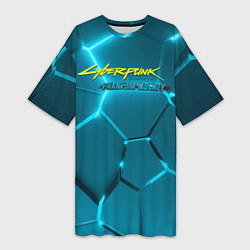 Футболка женская длинная Cyberpunk 2077 phantom liberty blue logo, цвет: 3D-принт