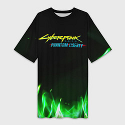 Футболка женская длинная Cyberpunk 2077 phantom liberty green fire logo, цвет: 3D-принт