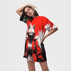 Футболка женская длинная Девушка в маске кицунэ, цвет: 3D-принт — фото 2