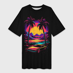 Футболка женская длинная Неоновая машина и пальмы, цвет: 3D-принт