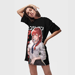 Футболка женская длинная Демон контроля - Макима и иероглифы, цвет: 3D-принт — фото 2