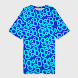 Футболка женская длинная Логотип Барби - синий паттерн, цвет: 3D-принт