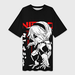 Футболка женская длинная Nier automata - черный и красный, цвет: 3D-принт